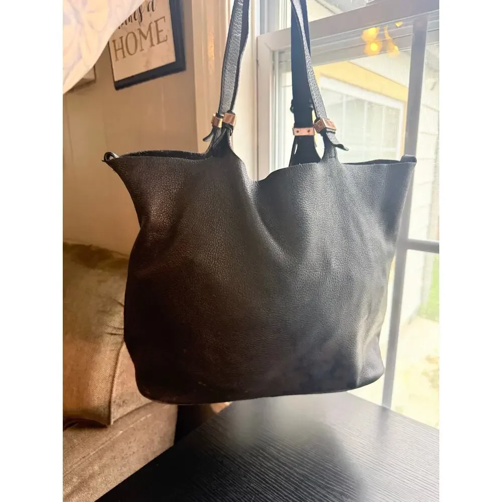 Michael Kors Black Pebbled Faux Leather Large Tote Shoulder Bag Gold MK Charm